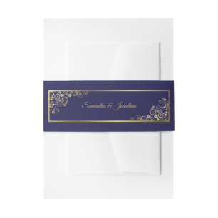 Elegant Gold Curls & Swirls Navy Blue Wedding Invitation Belly Band