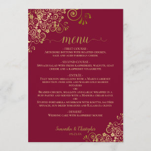 Elegant Gold Curls & Swirls on Burgundy Wedding Menu