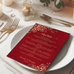 Elegant Gold Curls & Swirls on Crimson Red Wedding Menu<br><div class="desc">This beautiful wedding menu is simple,  elegant,  sophisticated and stylish. It features an elegant crimson red design with lacy gold script calligraphy and delicate golden curls and swirls in the corners. The background features a marbled texture.</div>