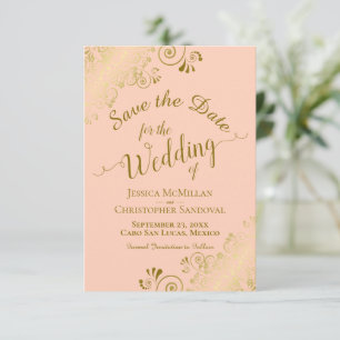 Elegant Gold Curls & Swirls on Peach Wedding Save The Date