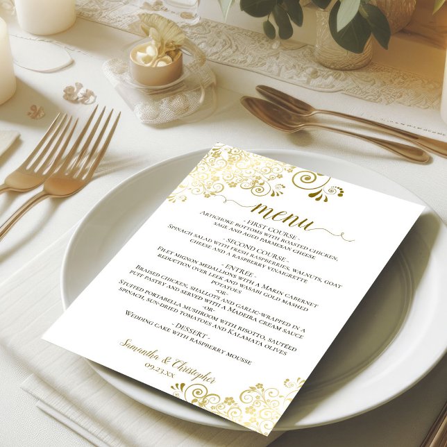 Elegant Gold Curls & Swirls on White Wedding Menu (On Plate)