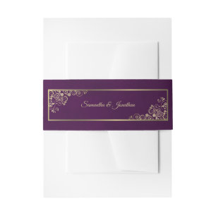 Elegant Gold Curls & Swirls Plum Purple Wedding Invitation Belly Band