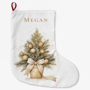 Elegant Gold Custom Merry Christmas Tree Large Christmas Stocking