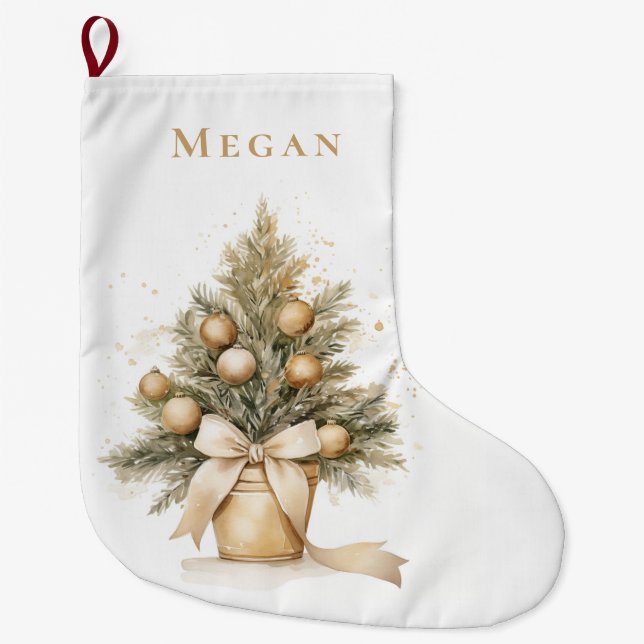Elegant Gold Custom Merry Christmas Tree Large Christmas Stocking (Front)