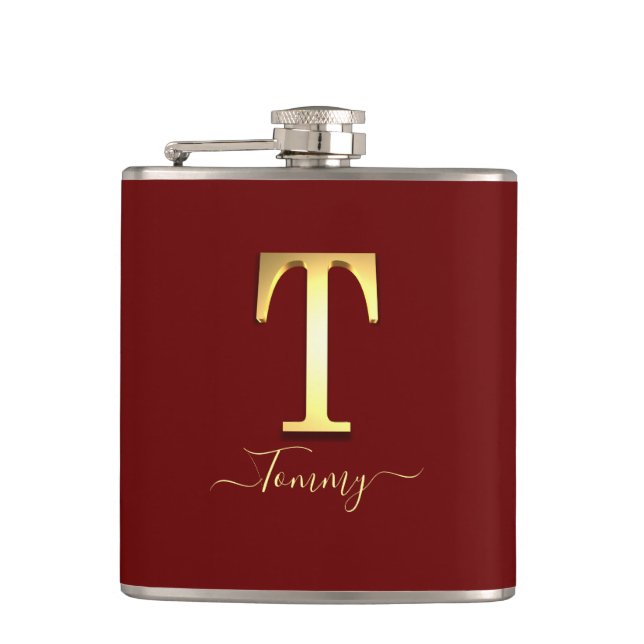 Elegant Gold Custom Monogram T Name Flask (Front)