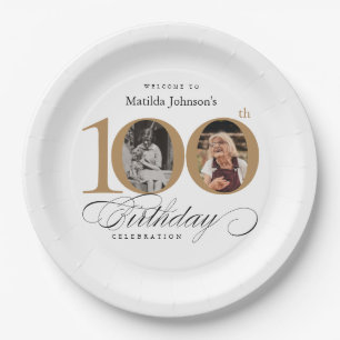 Elegant Gold Custom Photo 100th Birthday Paper Plate