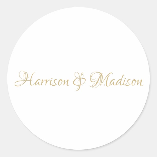Elegant gold custom script names wedding favour classic round sticker (Front)