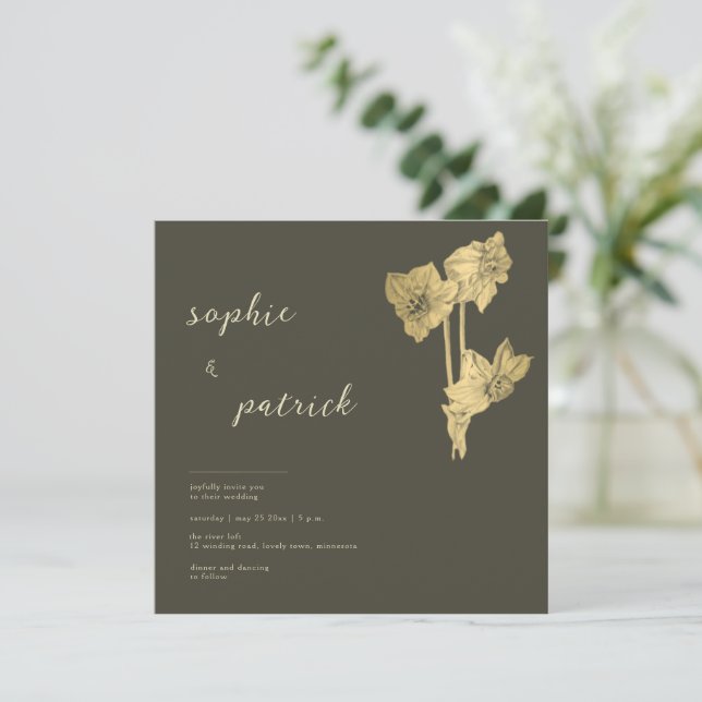 Elegant Gold Daffodils Minimalist Spring Wedding Invitation (Standing Front)