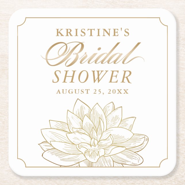 Elegant Gold Dahlia Floral Bridal Shower Square Paper Coaster (Front)
