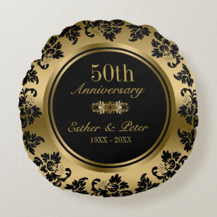 Elegant Gold Damask 50th Wedding Anniversary Round Pillow