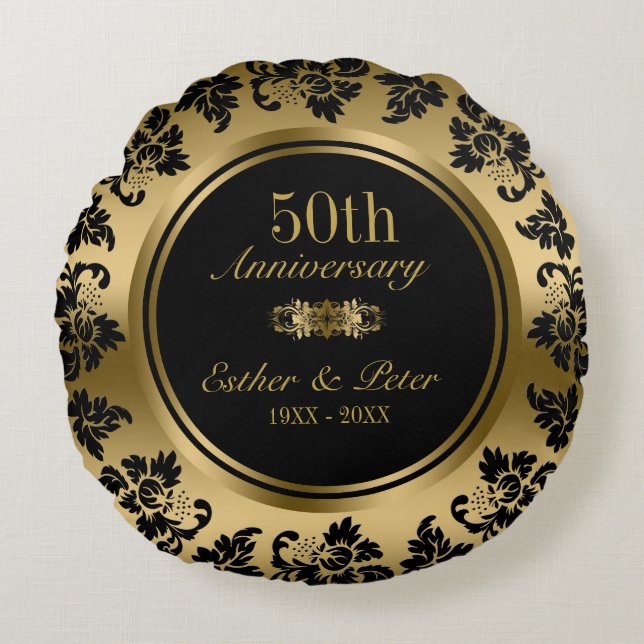 Elegant Gold Damask 50th Wedding Anniversary Round Pillow (Front)