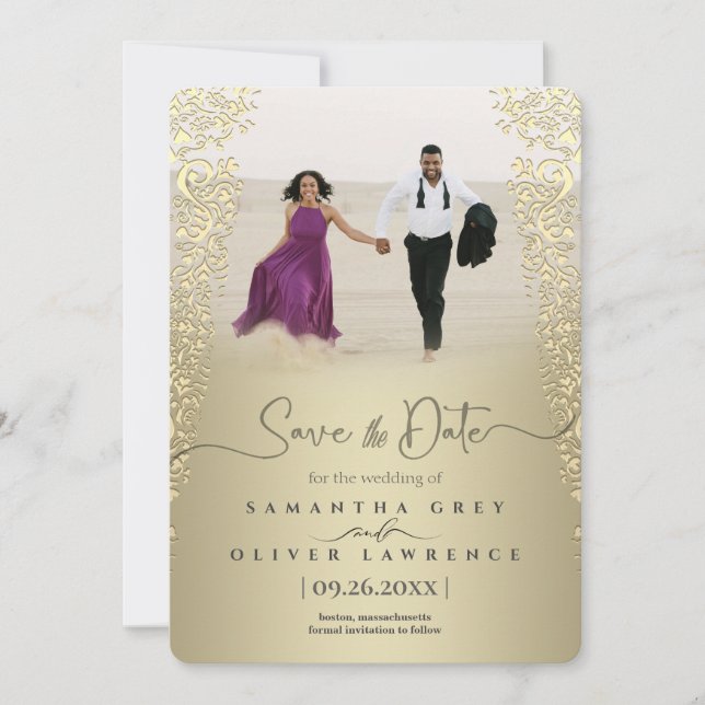 Elegant Gold Damask Enregistrer la carte Date (Devant)