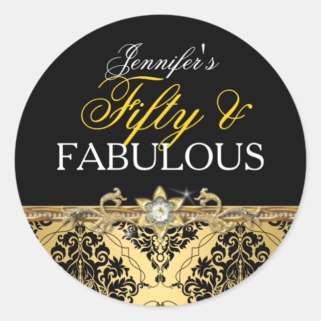 Elegant Gold Damask Fifty and Fabulous 2 Classic Round Sticker (Front)