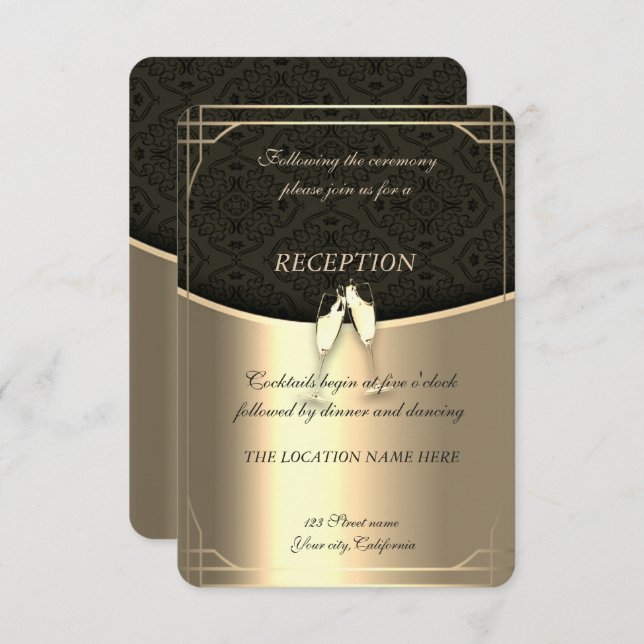 Elegant Gold,Damask,Glasses Wine Wedding Reception Invitation (Front/Back)