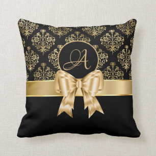 Elegant Gold Damask Monogram On Black  Throw Pillow