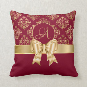 Elegant Gold Damask Monogram On Burgundy Throw Pillow