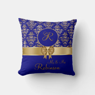Elegant Gold Damask Monogram On Navy Blue Throw Pillow