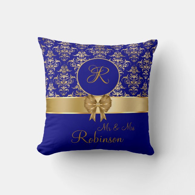 Elegant Gold Damask Monogram On Navy Blue Throw Pillow (Front)