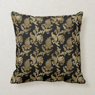 Elegant Gold Damask On Black Throw Pillow