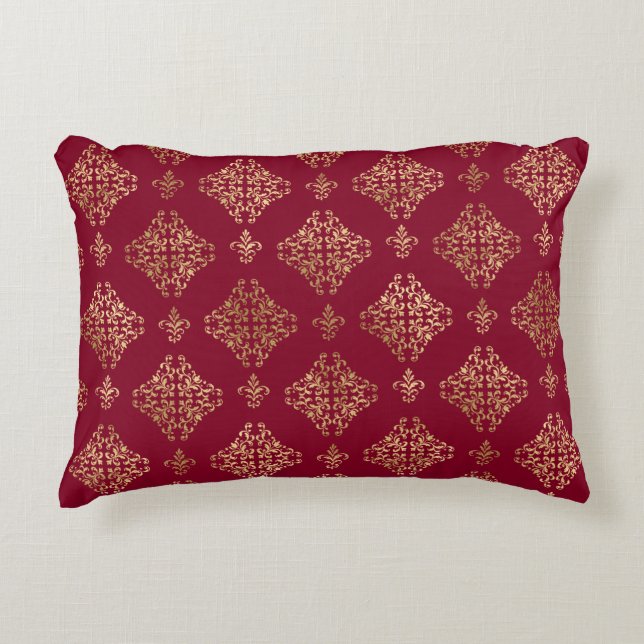 Elegant Gold Damask On Burgundy Accent Pillow (Front)
