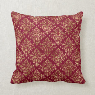 Elegant Gold Damask On Burgundy Throw Pillow