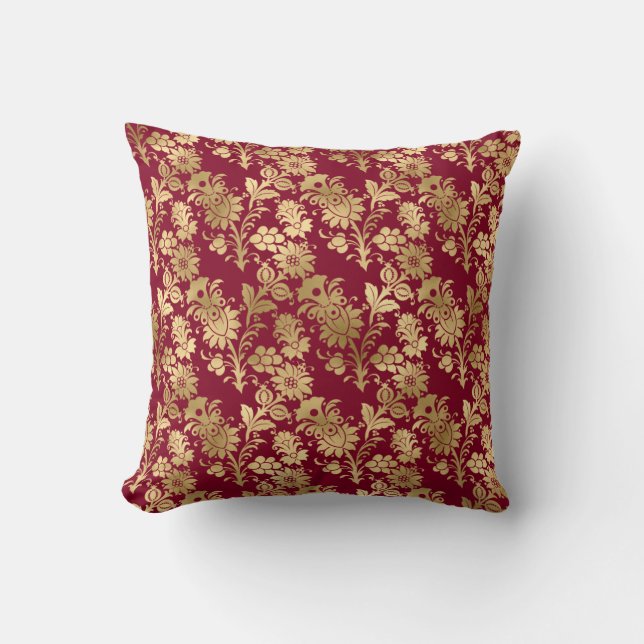 Elegant Gold Damask On Burgundy Throw Pillow (Front)
