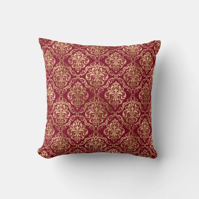 Elegant Gold Damask On Burgundy Throw Pillow (Front)