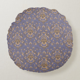 Elegant Gold Damask on Periwinkle Blue Round Pillow