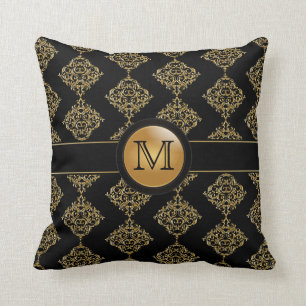 Elegant Gold Damask Pattern Monogram Throw Pillow