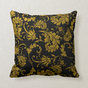 Elegant Gold Damask Pattern On Black Throw Pillow