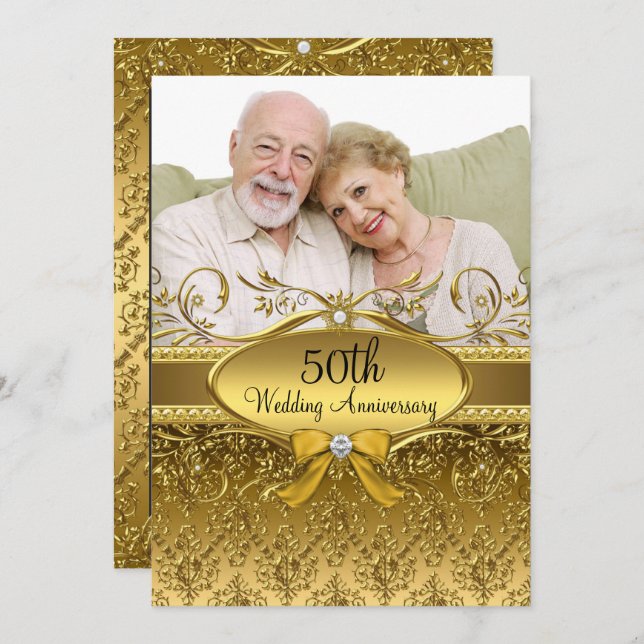 Elegant Gold Damask Photo 50th Anniversary Invite (Front/Back)