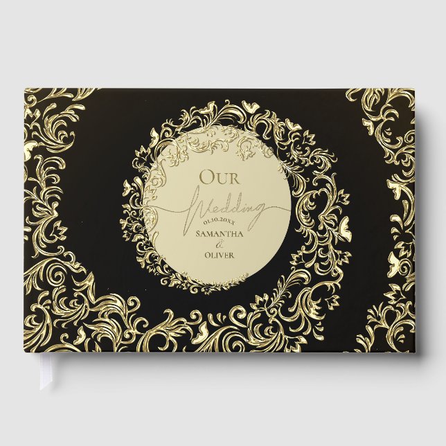 Elegant Gold Damask Wedding Guest Book (Front)
