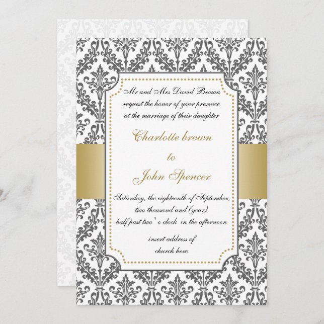 elegant gold ,damask wedding invitation (Front/Back)