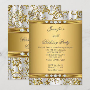 Elegant Gold Damask White Silver Diamond Birthday Invitation