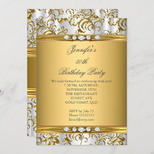 Elegant Gold Damask White Silver Diamond Birthday Invitation