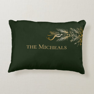 Elegant Gold Dark Green Joy Personalized Christmas Accent Pillow