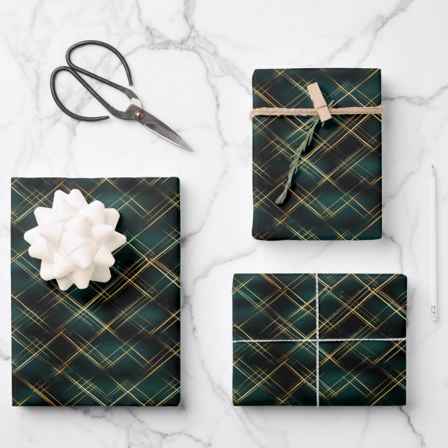 Elegant Gold & Dark Green Tartan Plaid Christmas  Wrapping Paper Sheet (Front)