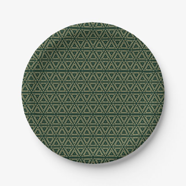 Elegant gold dark pine green geometric pattern paper plate (Front)