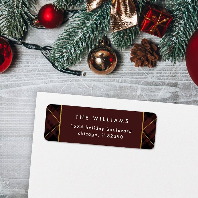 Elegant Gold & Dark Red Tartan Return Address (Creator Uploaded)