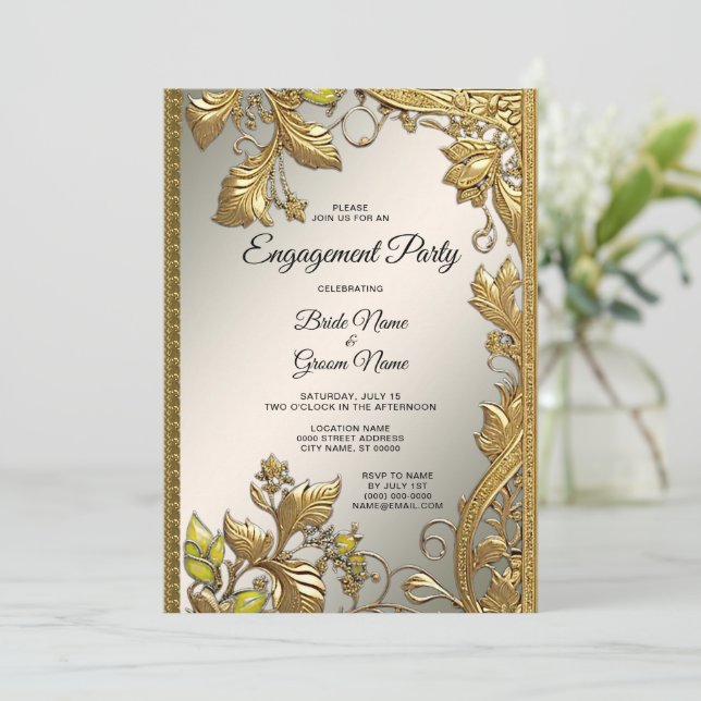 Elegant Gold Decorative Floral Engagement Invitation (Standing Front)