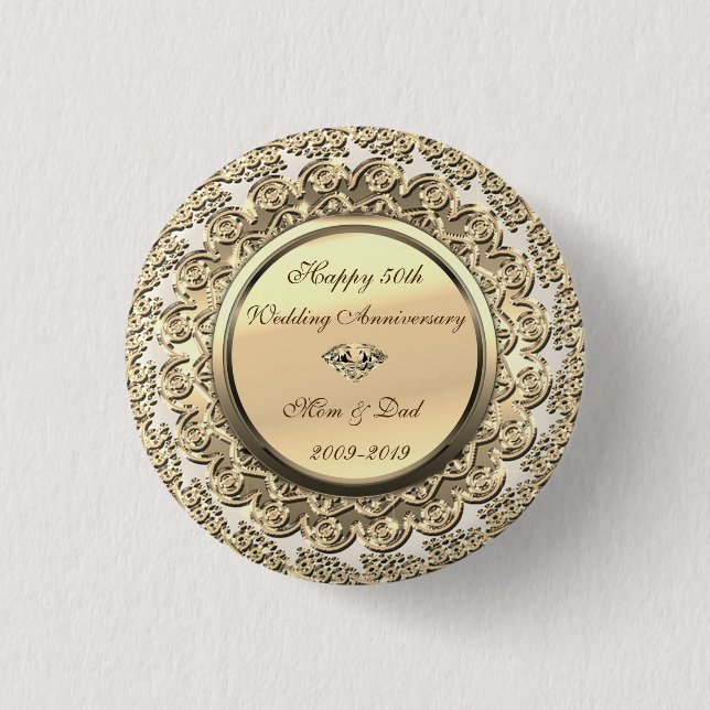 Elegant Gold Diamond 50th Wedding Anniversary 1 Inch Round Button (Front)