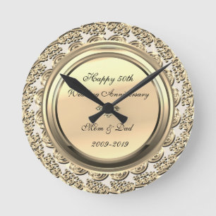 Elegant Gold  Diamond 50th Wedding Anniversary Round Clock