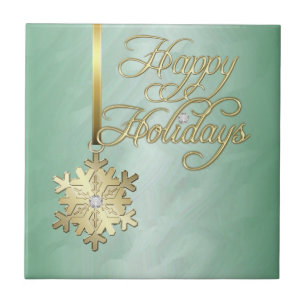 Elegant Gold Diamond Snowflake Green Holiday Tile