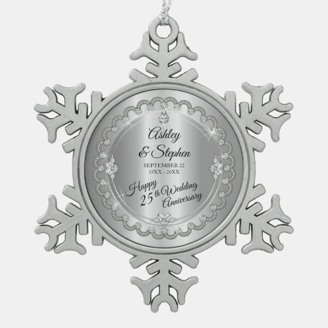 Elegant Gold Diamonds 25th Wedding Anniversary Snowflake Pewter Christmas Ornament (Front)