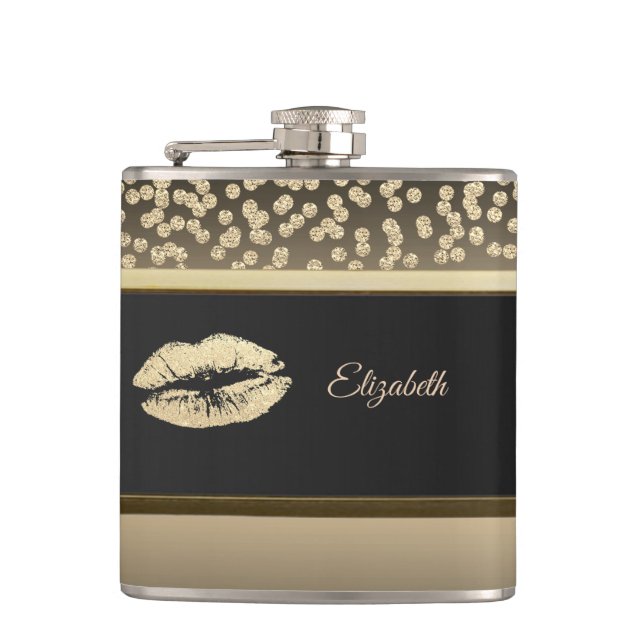 Elegant Gold Diamonds-Glittery Lip-Personalized Hip Flask (Front)