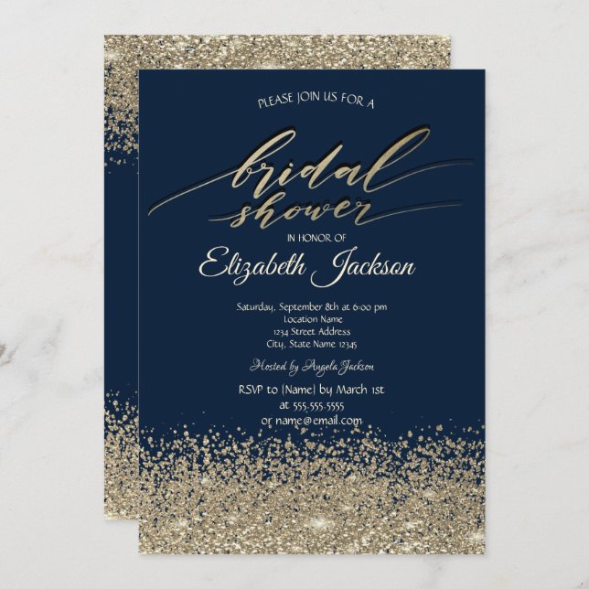 Elegant Gold Diamonds Navy Blue  Bridal Shower Invitation (Front/Back)
