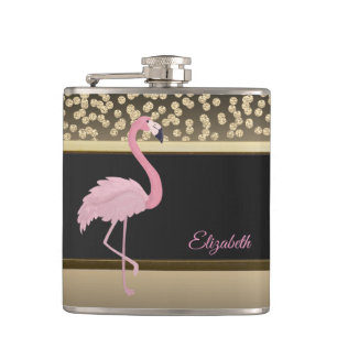 Elegant Gold Diamonds, Pink Flamingo-Personalized Hip Flask