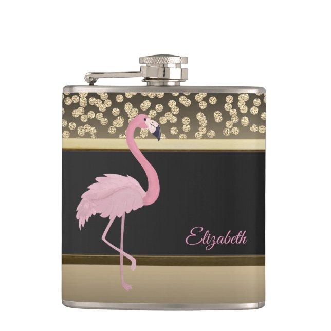 Elegant Gold Diamonds, Pink Flamingo-Personalized Hip Flask (Front)