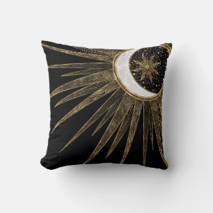 Elegant Gold Doodles Sun Moon Mandala Black Design Throw Pillow