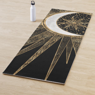 Elegant Gold Doodles Sun Moon Mandala Black Design Yoga Mat